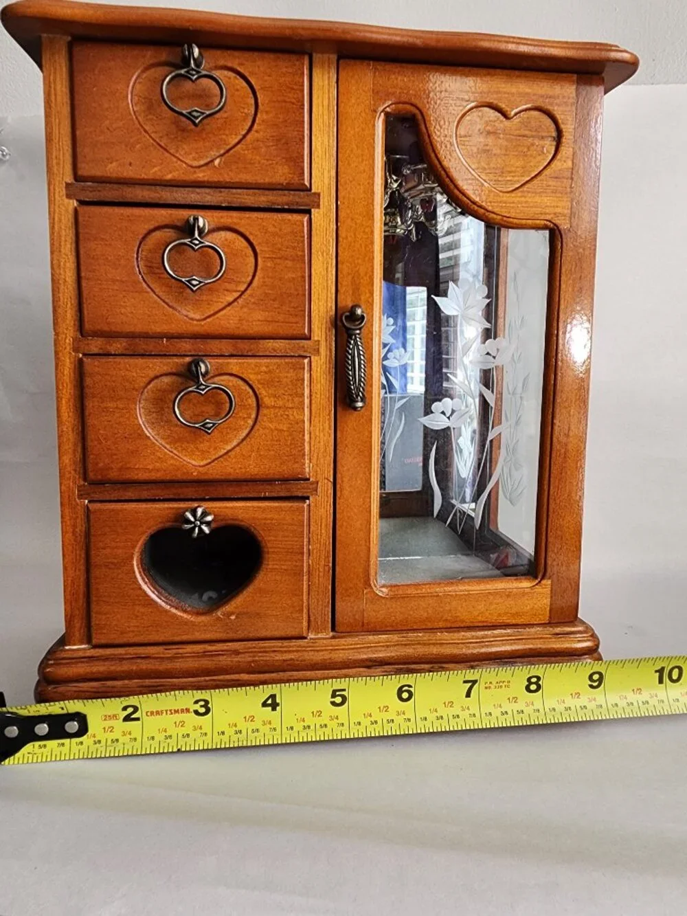 Vintage Jewely Box Wood Heart Jewelry Armoire Etched Floral Mirror 4 Drawers